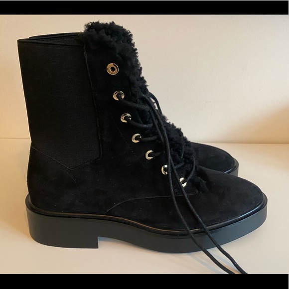 New Stuart Weitzman Henley Chill Suede & Shearling Combat Boots Size 37.5 - Picture 10 of 13